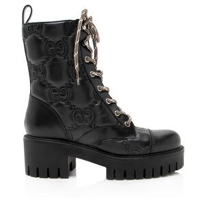 Gucci GG Logo Quilted Lace up Leather Lug Sole Combat Boots